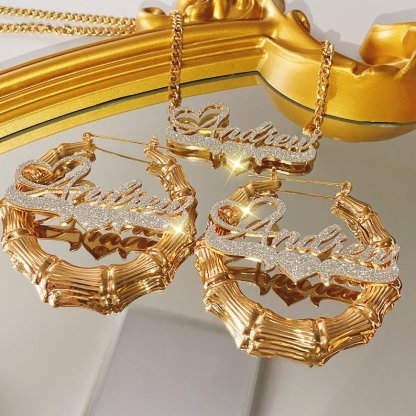 Bling Nameplated Personalized Heart Name Necklace And 25mm Mini Name Earrings 2pc Set