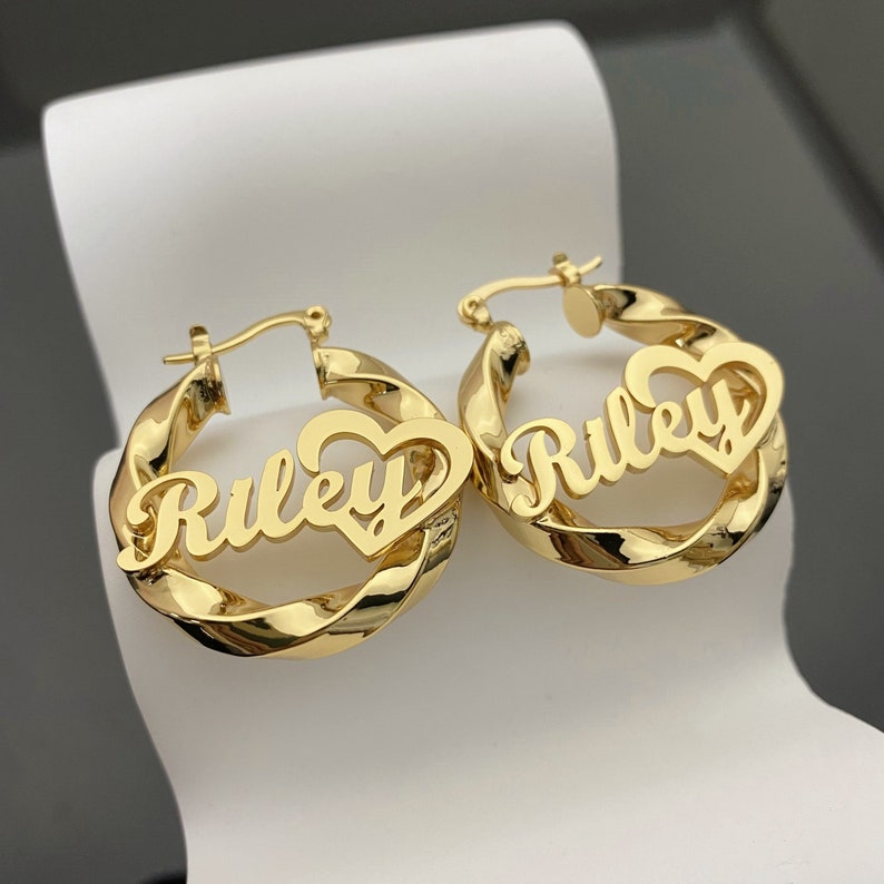 Personalized Double Plated Heart Name Necklace And Twist Hoop Name Earrings Set