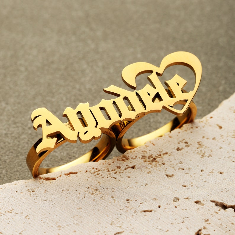 Old English Two Finger Ring Custom Gold Plated Name Ring
