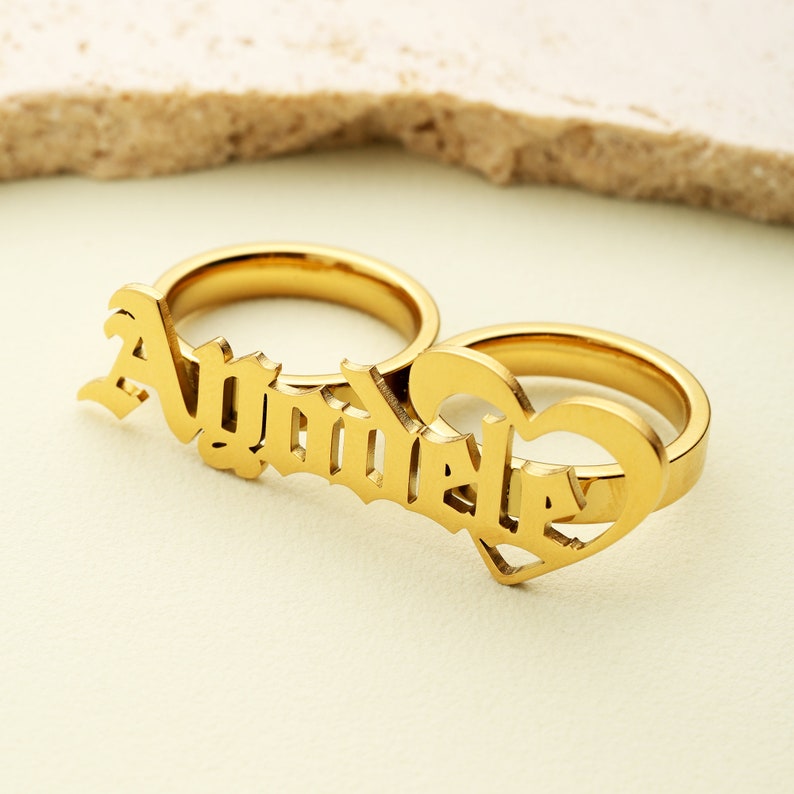 Old English Two Finger Ring Custom Gold Plated Name Ring