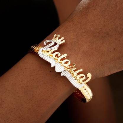 Personalized Two Ton Crown Name Bracelet Custom Nameplate Bangle