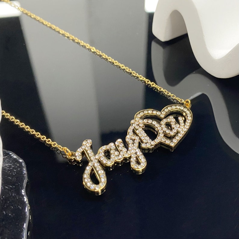 Bling Heart Pendant Personalized Gold Plated Name Necklace