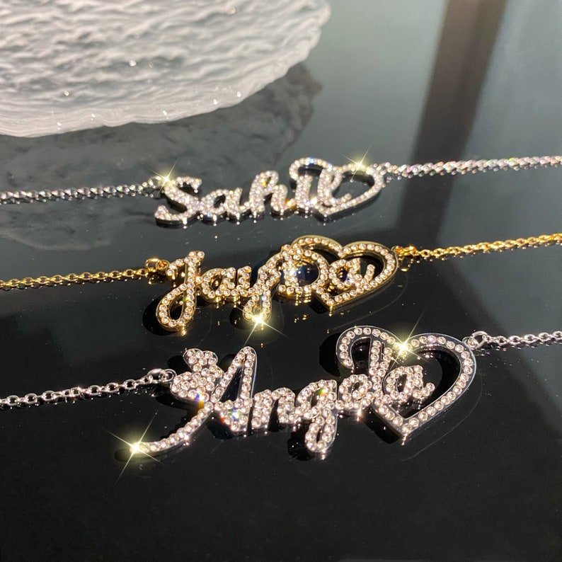 Bling Heart Pendant Personalized Gold Plated Name Necklace