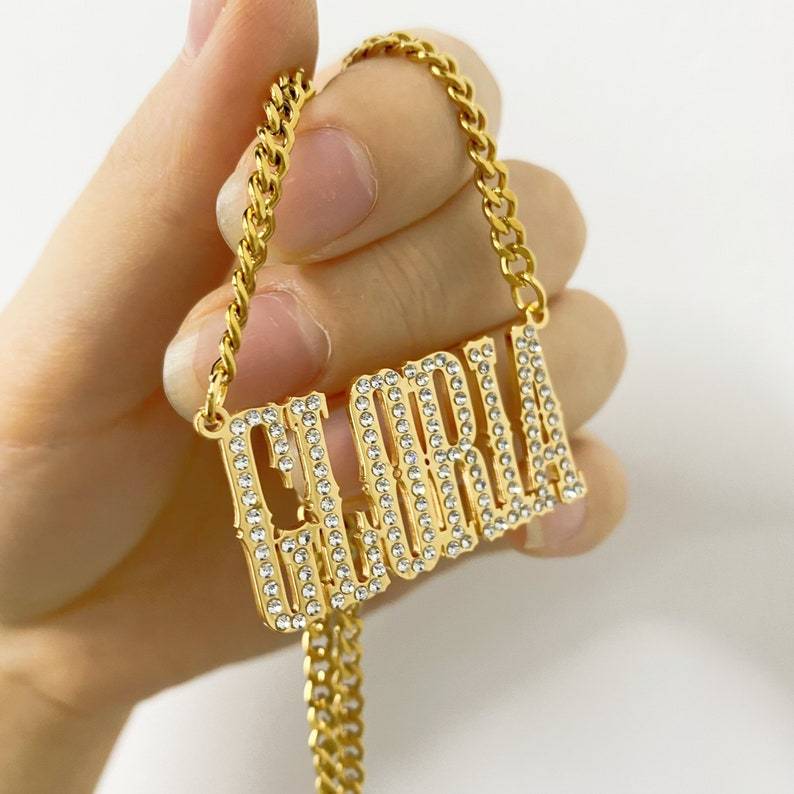 Big Nameplated Pendant Diamond Necklace Customized Name Necklace