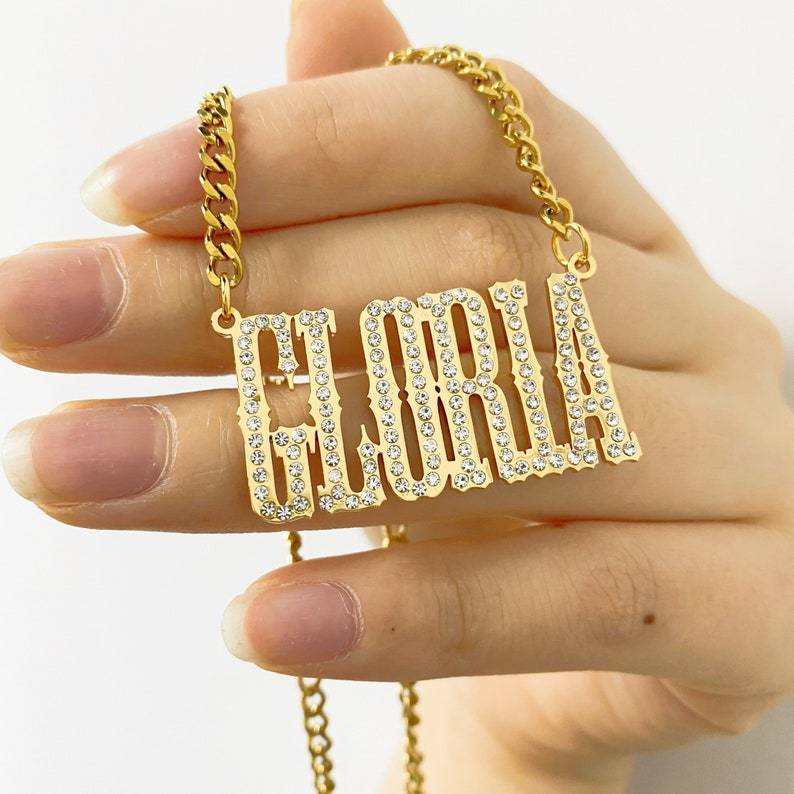 Big Nameplated Pendant Diamond Necklace Customized Name Necklace