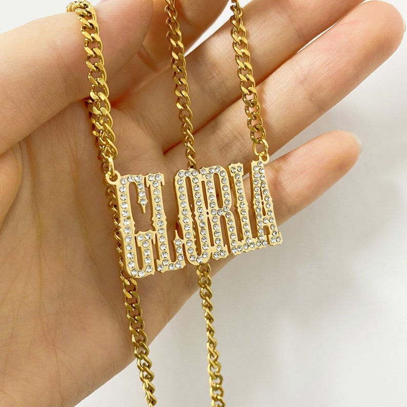 Big Nameplated Pendant Diamond Necklace Customized Name Necklace