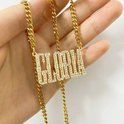 Big Nameplated Pendant Diamond Necklace Customized Name Necklace