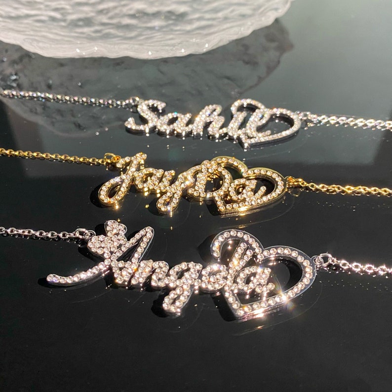 Bling Heart Pendant Personalized Gold Plated Name Necklace