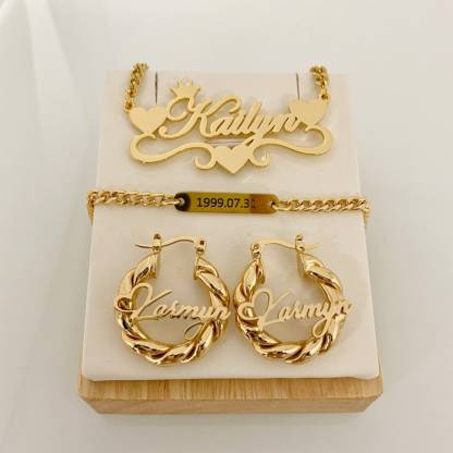 Peronalized Name Necklace Bracelet And Mini Hoop Earrings For Kids Baby