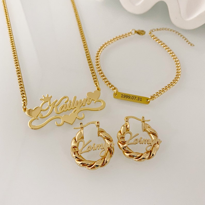 Peronalized Name Necklace Bracelet And Mini Hoop Earrings For Kids Baby