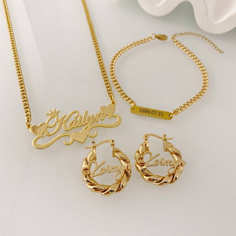 Peronalized Name Necklace Bracelet And Mini Hoop Earrings For Kids Baby