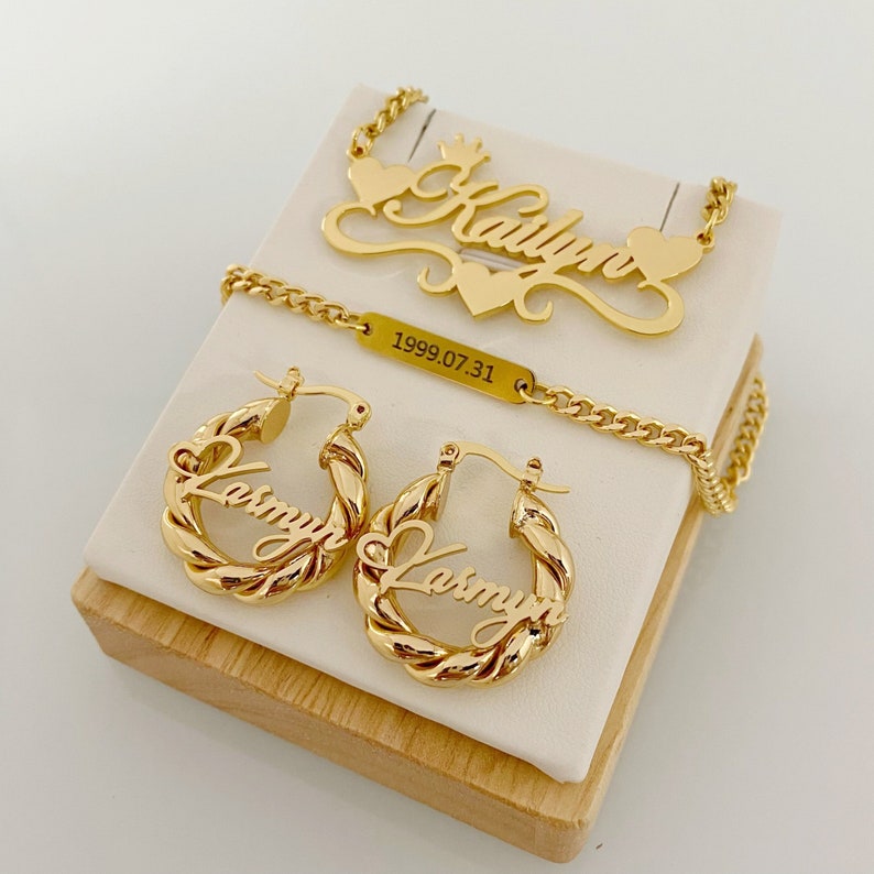 Peronalized Name Necklace Bracelet And Mini Hoop Earrings For Kids Baby