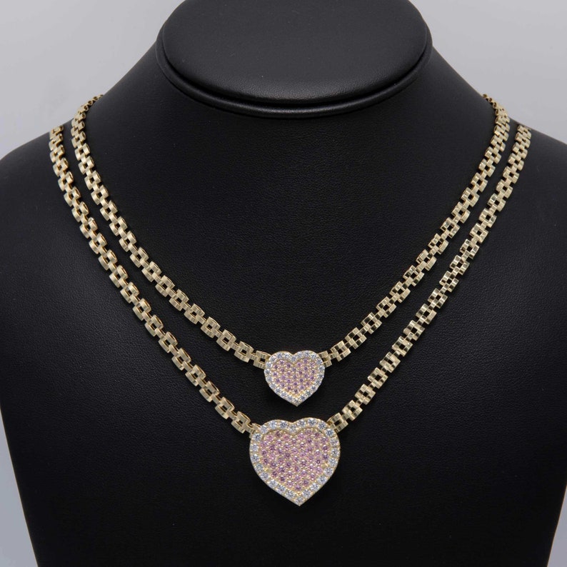 Pink CZ Zircon Heart Rx President Chain Necklace