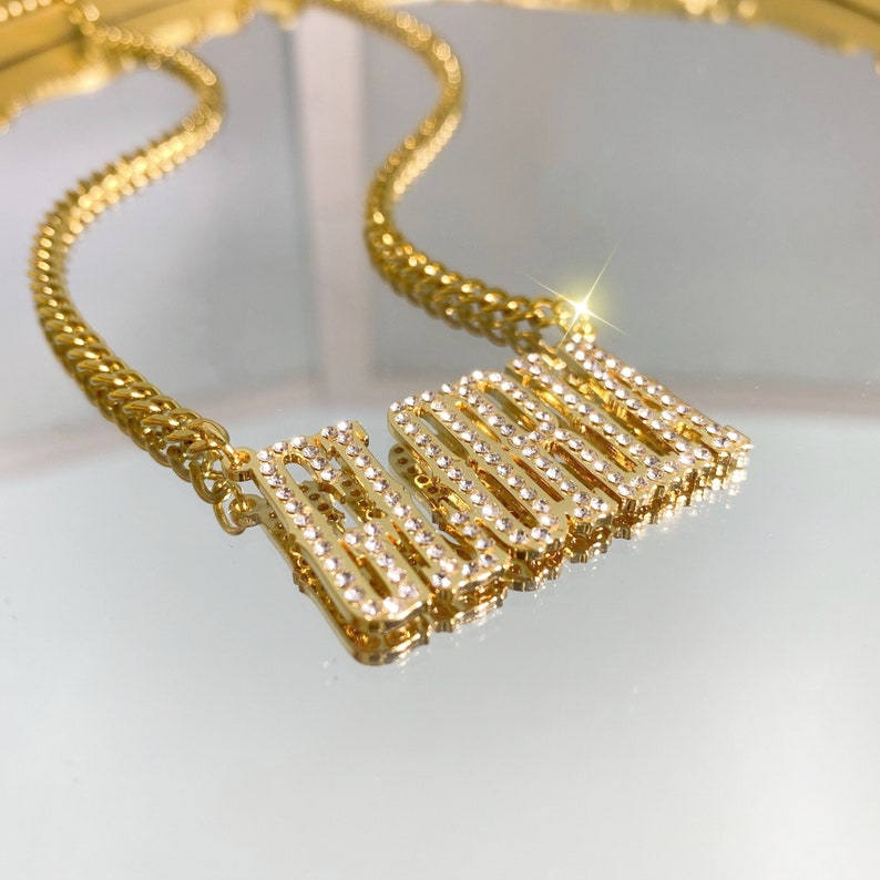 Big Nameplated Pendant Diamond Necklace Customized Name Necklace