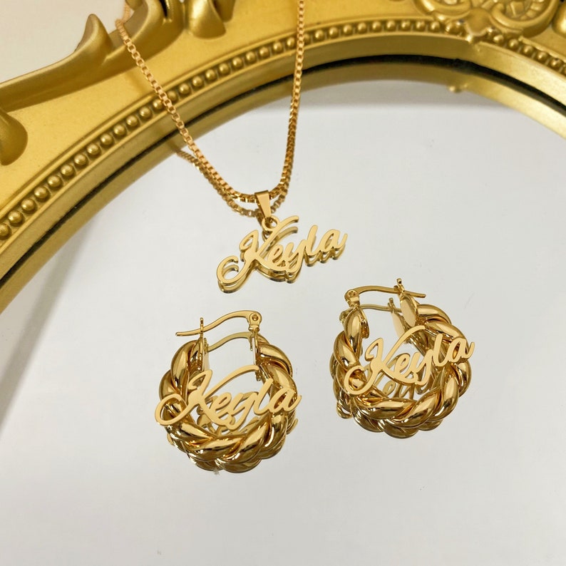 Personalized Name Necklace And 30mm Twist Name Hoop Earrings Kids Set