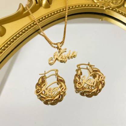 Personalized Name Necklace And 30mm Twist Name Hoop Earrings Kids Jewelry Set