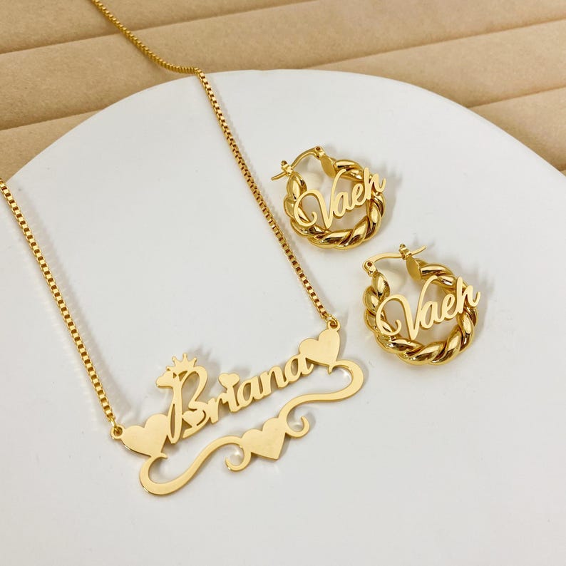 Personalized Heart Name Necklace And 25m Mini Name Earrings Kids Jewelry Set