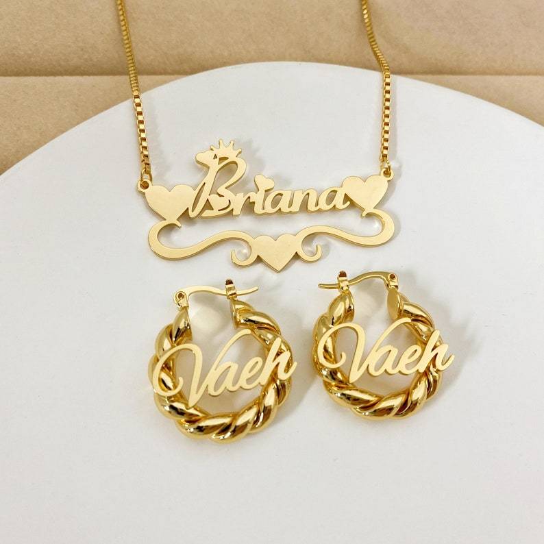 Personalized Heart Name Necklace And 25m Mini Name Earrings Kids Jewelry Set