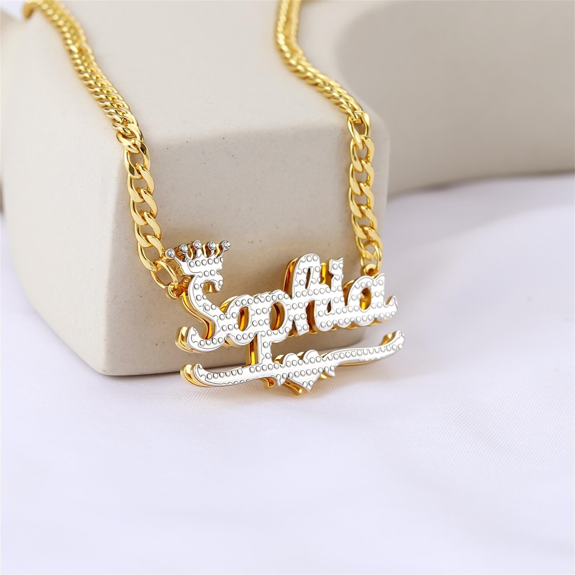 Personalized Heart Gold Plated Double Nameplate 3D Crown Name Necklace