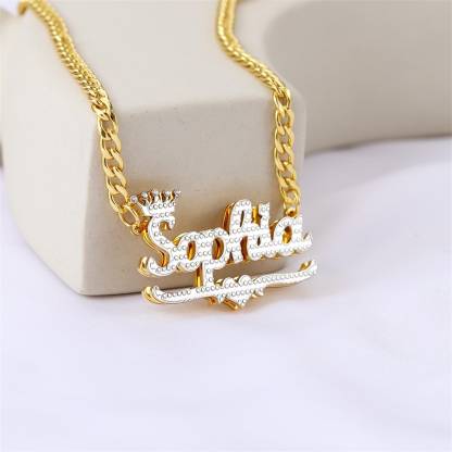 Personalized Heart Gold Plated Double Nameplate 3D Crown Name Necklace