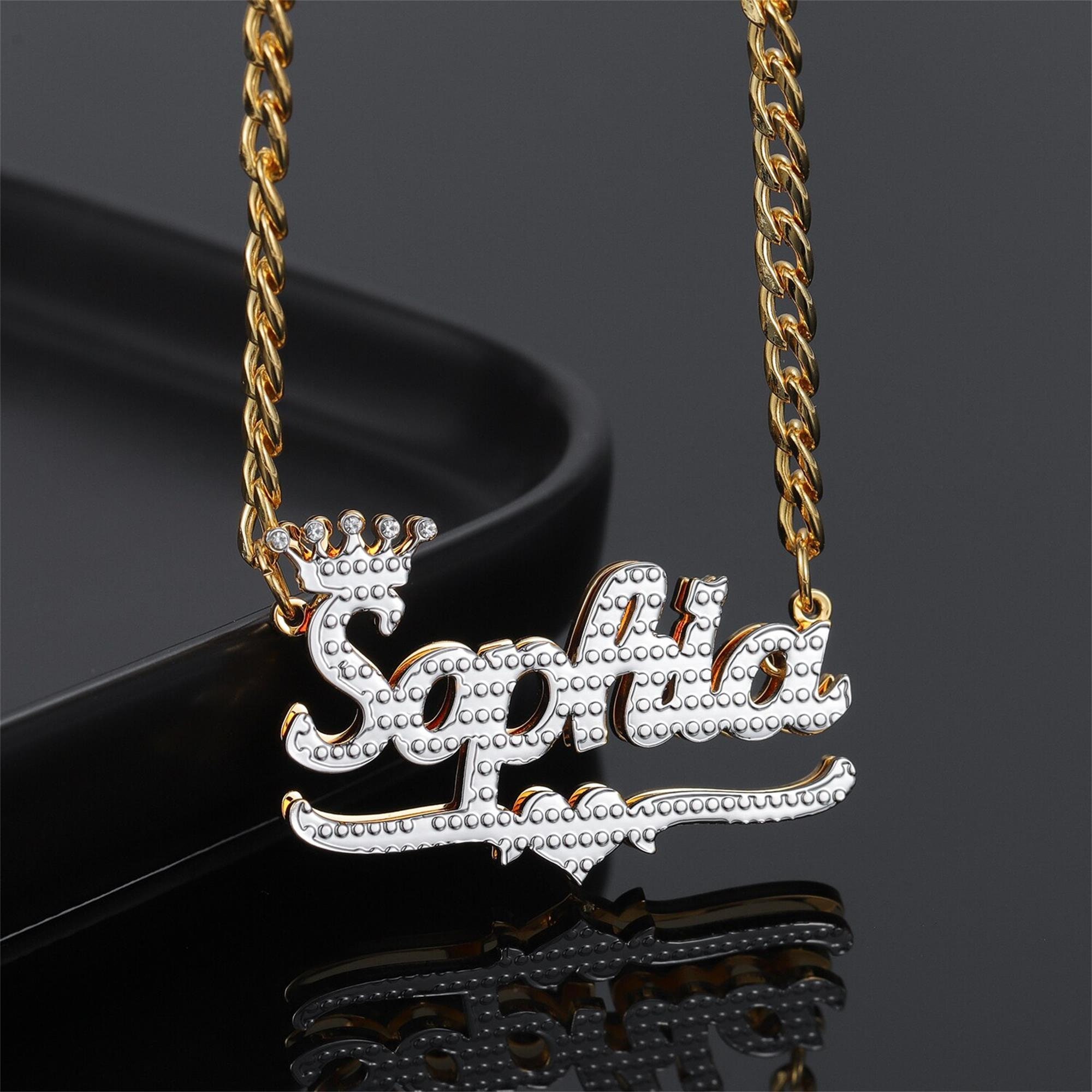 Personalized Heart Gold Plated Double Nameplate 3D Crown Name Necklace