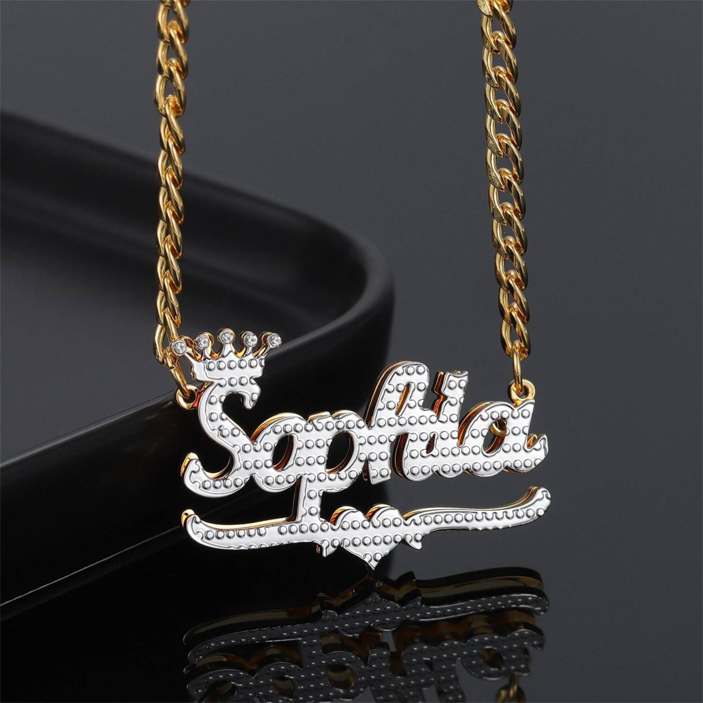Personalized Heart Gold Plated Double Nameplate 3D Crown Name Necklace