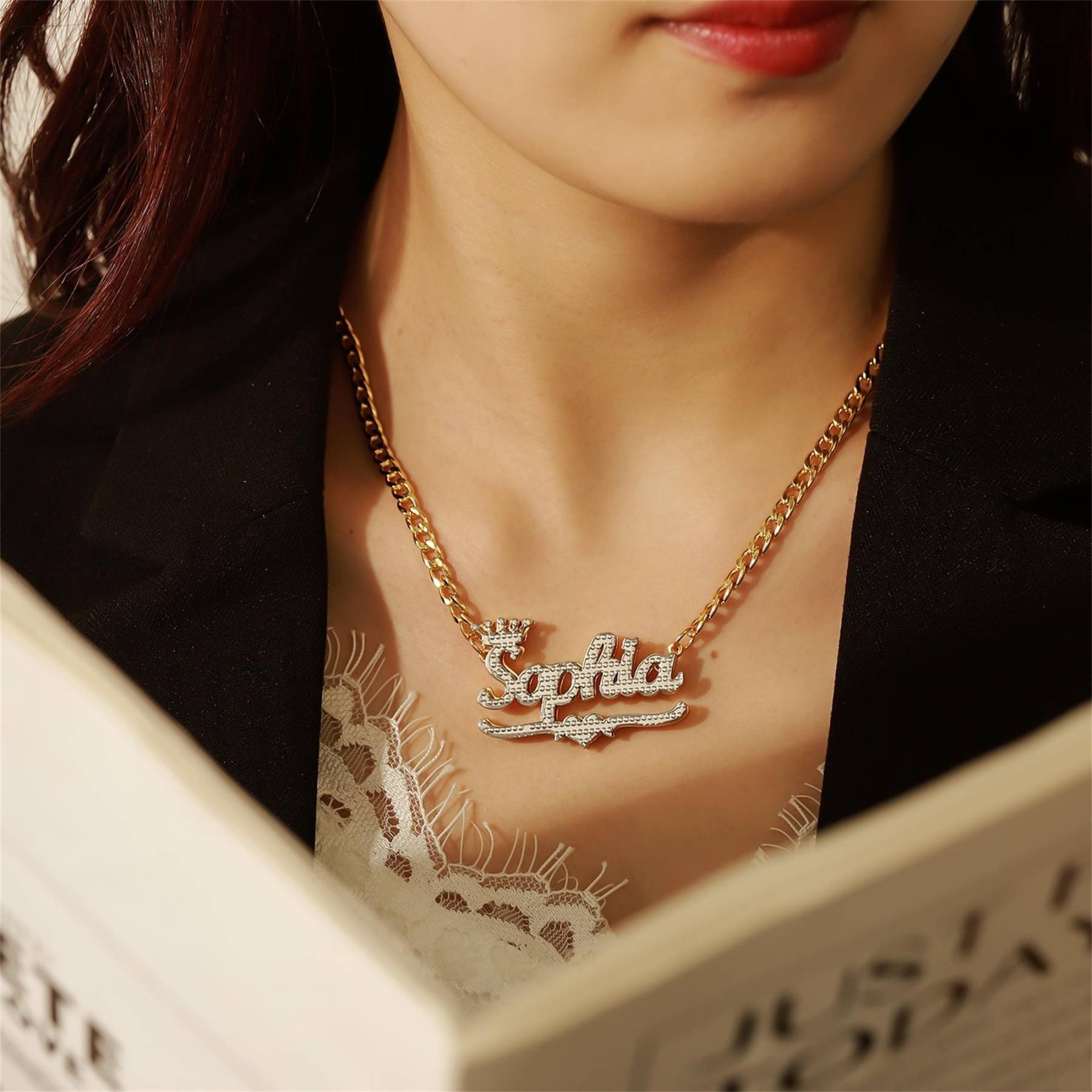 Personalized Heart Gold Plated Double Nameplate 3D Crown Name Necklace