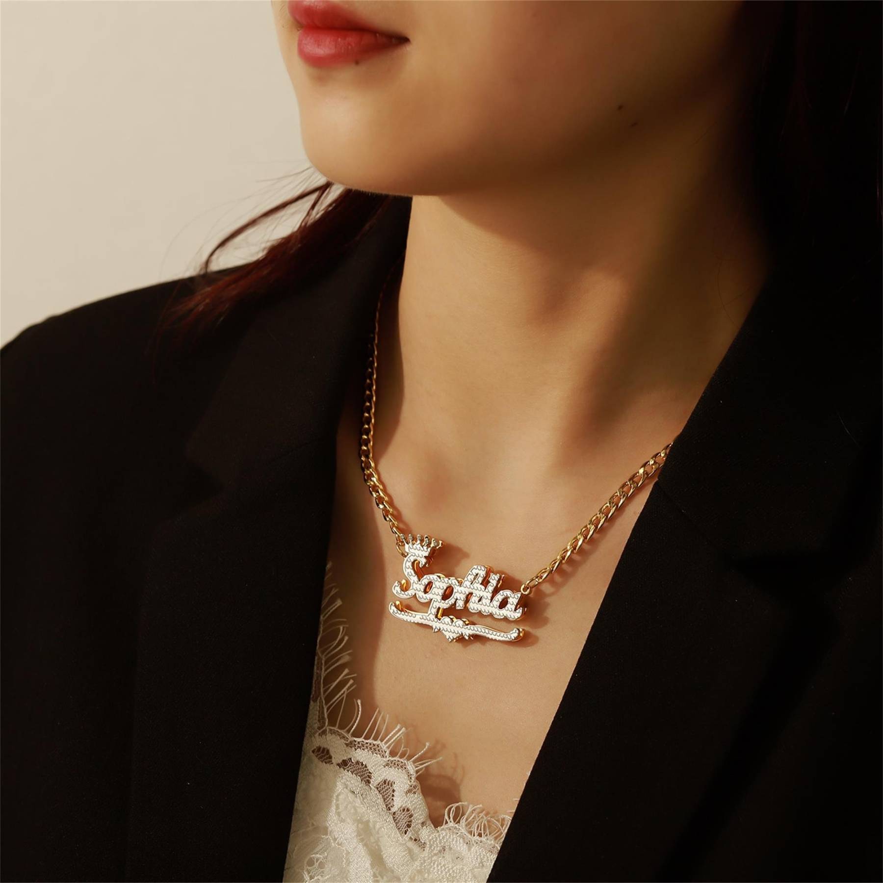 Personalized Heart Gold Plated Double Nameplate 3D Crown Name Necklace