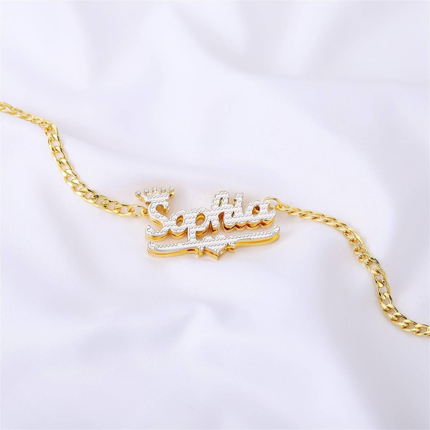 Personalized Heart Gold Plated Double Nameplate 3D Crown Name Necklace