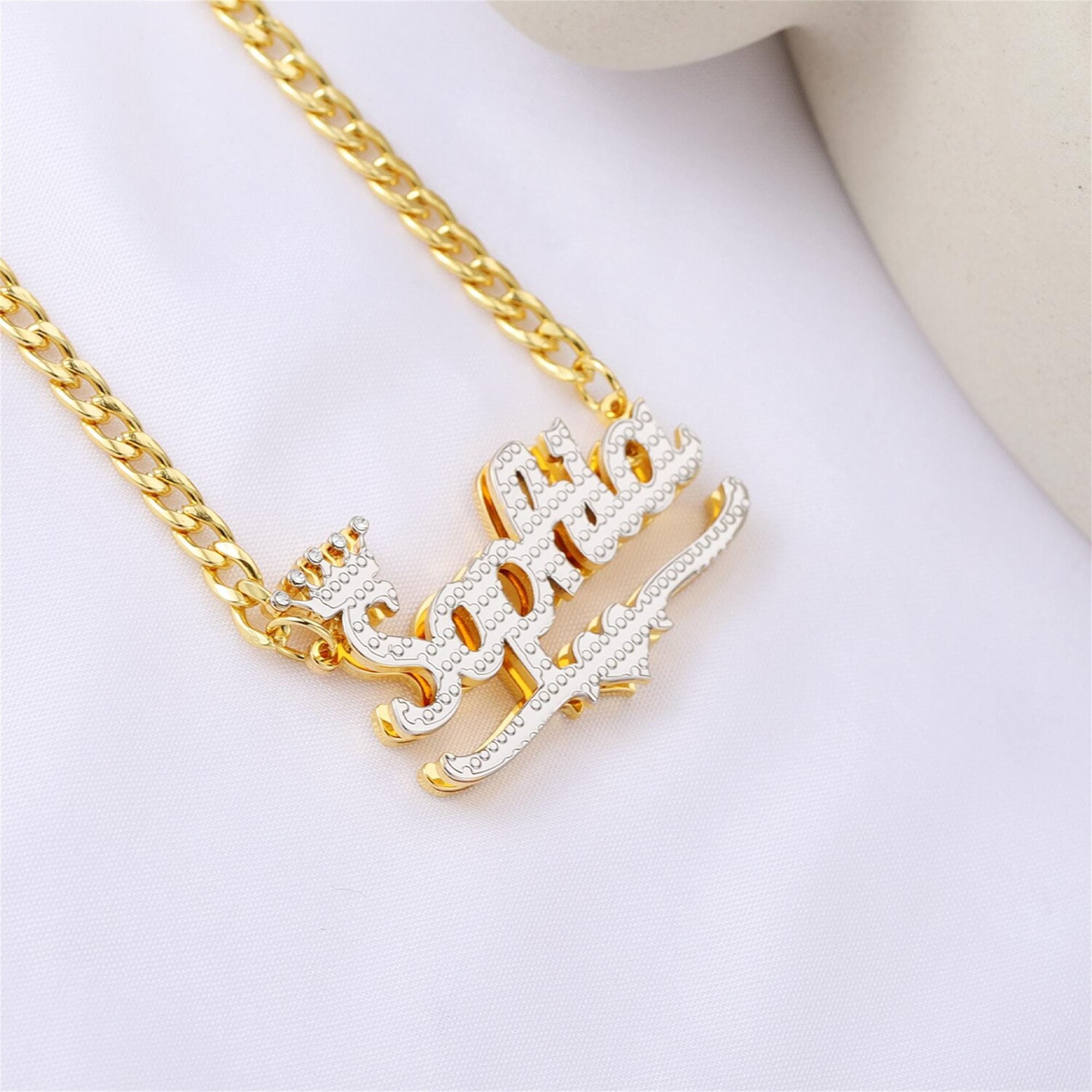 Personalized Heart Gold Plated Double Nameplate 3D Crown Name Necklace