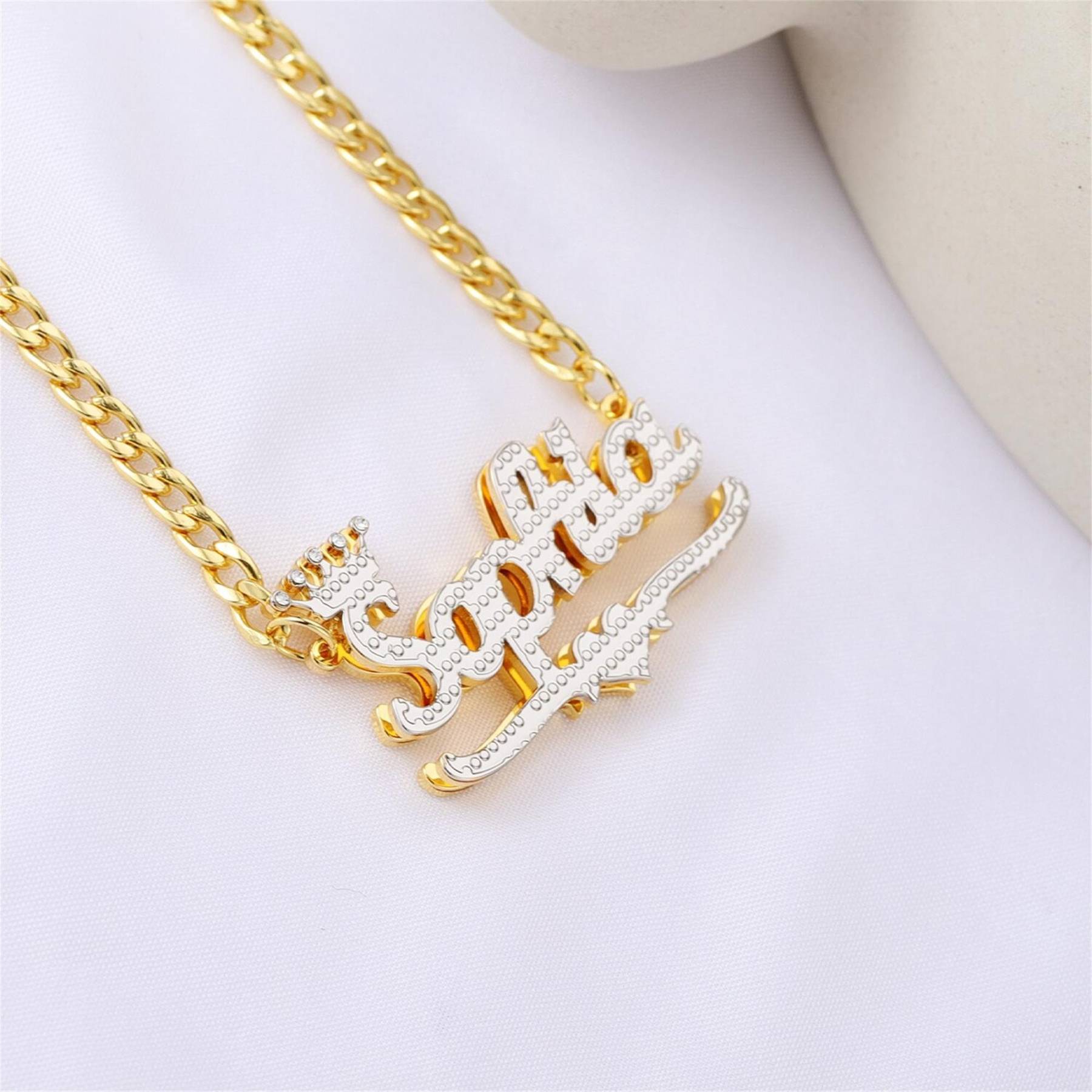 Personalized Heart Gold Plated Double Nameplate 3D Crown Name Necklace
