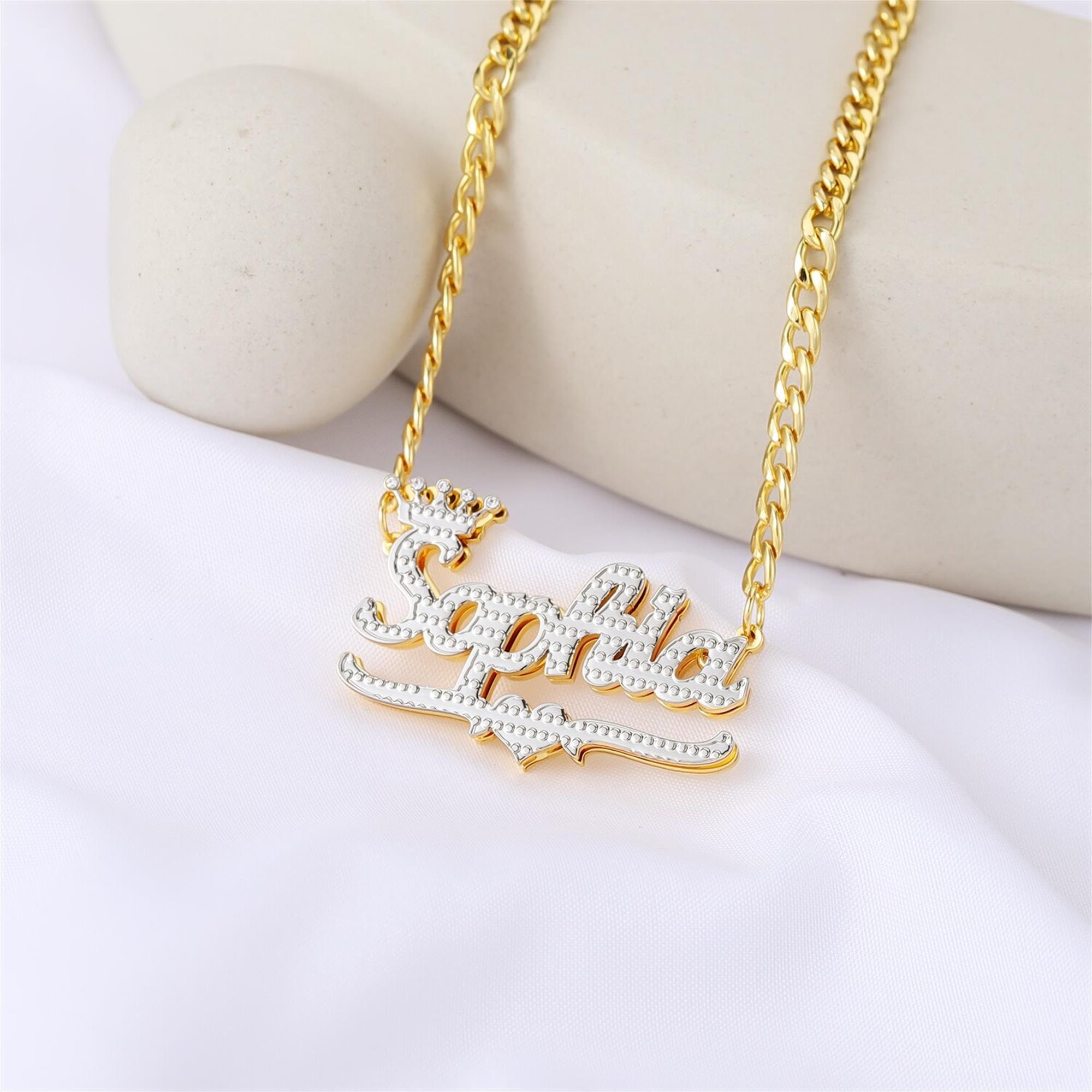 Personalized Heart Gold Plated Double Nameplate 3D Crown Name Necklace