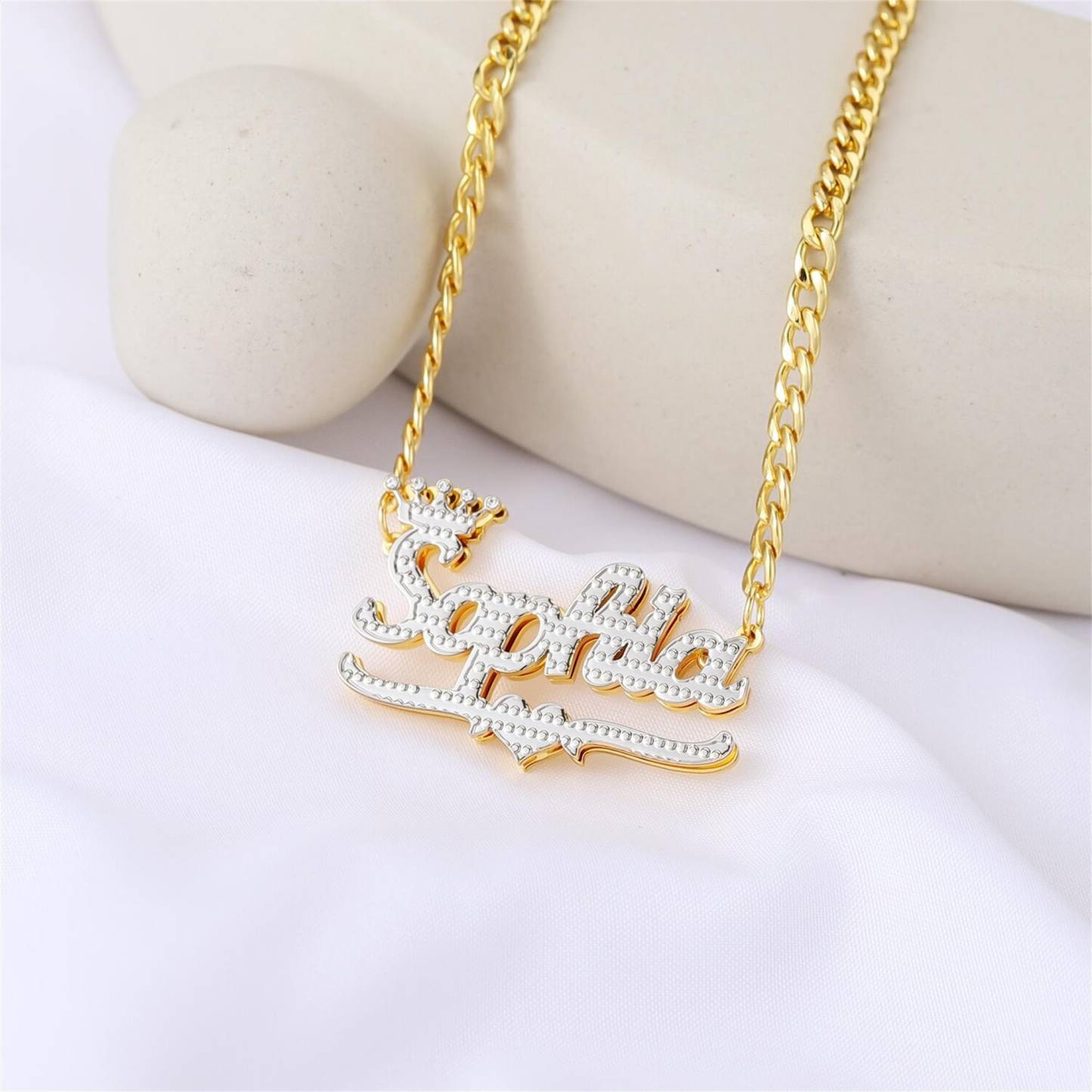Personalized Heart Gold Plated Double NaPlate 3D Name Necklace, Crown