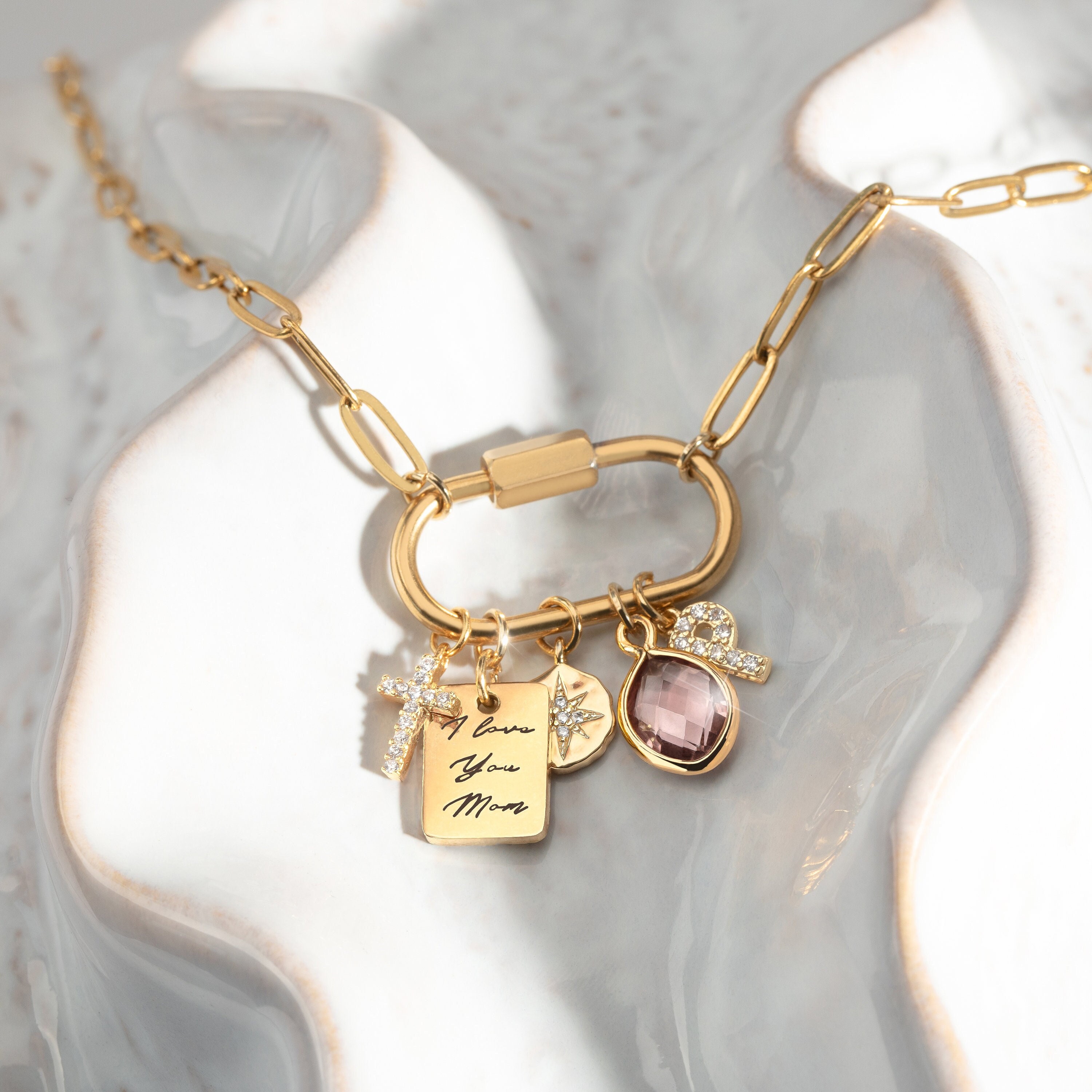 Carabiner Charm lock Necklace Gold Plated Custom Engraved Necklace
