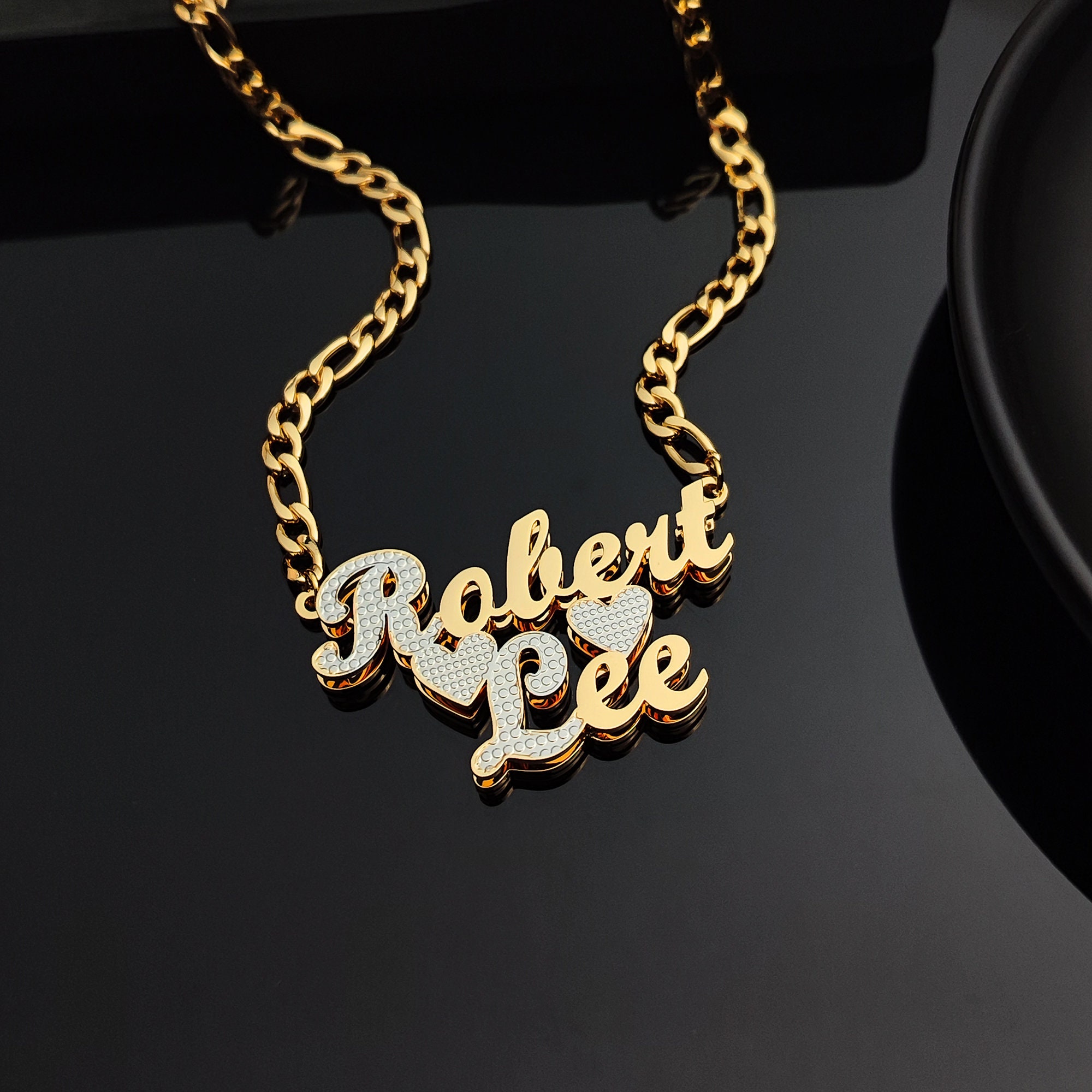 Personalized Double 3D Two Tone Name Necklace With Heart