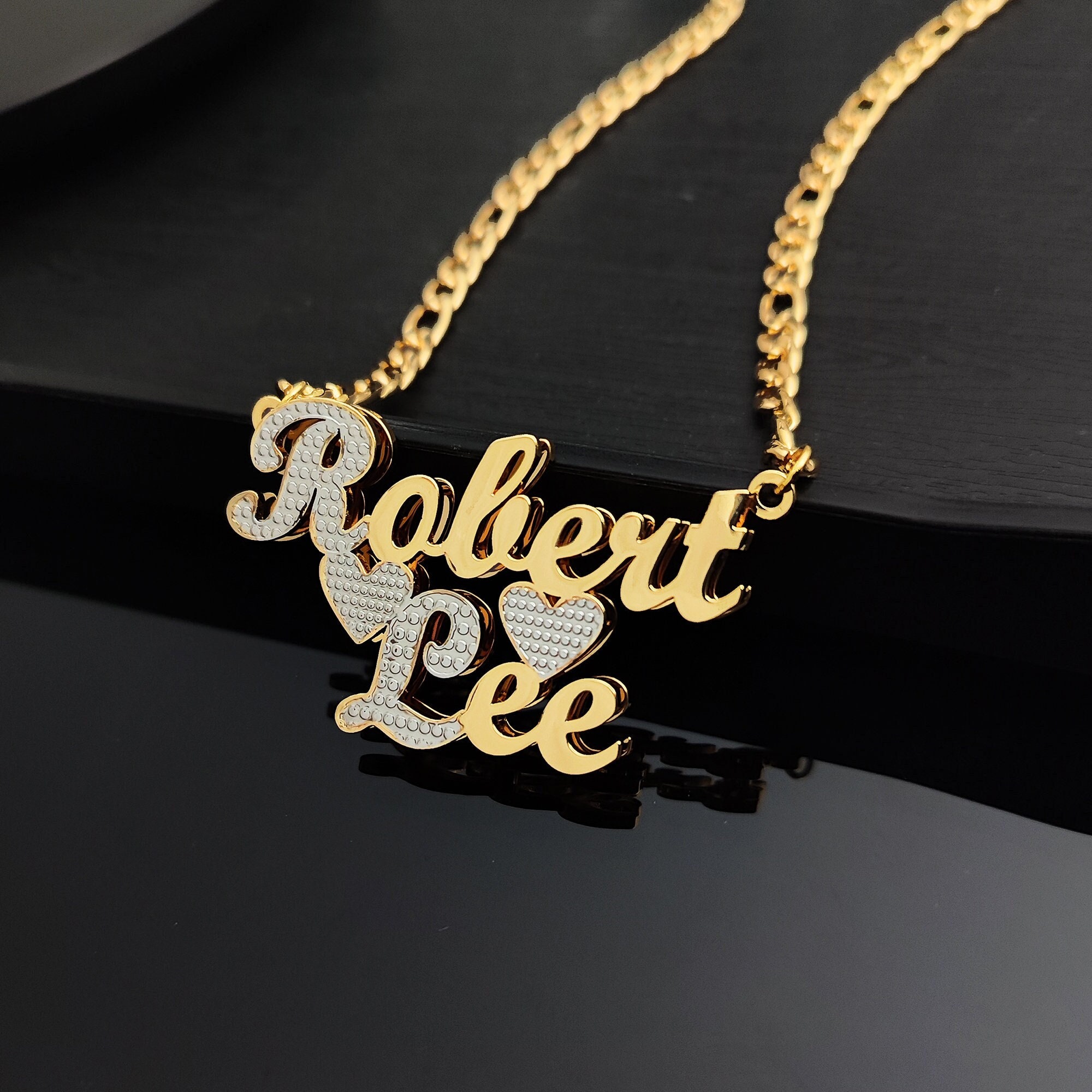 Personalized Double 3D Two Tone Name Necklace With Heart