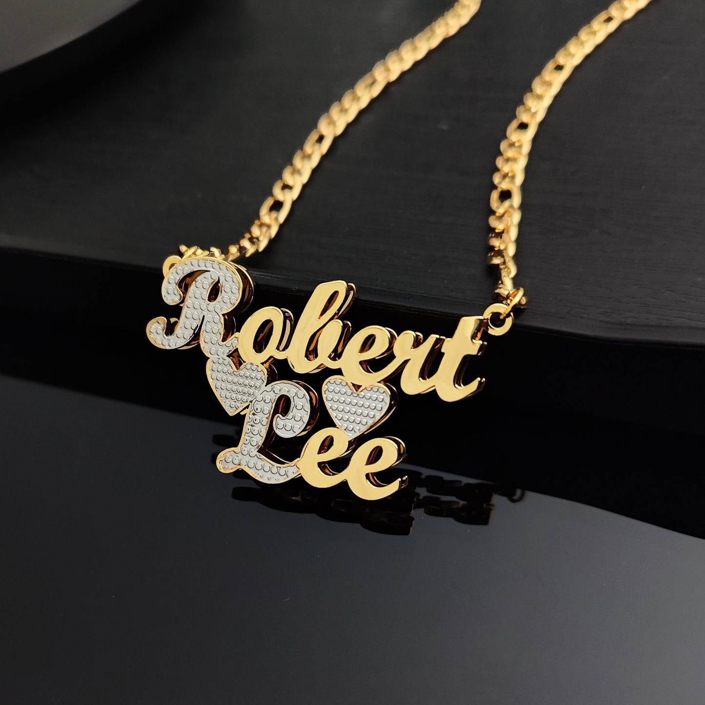 Personalized Double 3D Two Tone Name Necklace With Heart