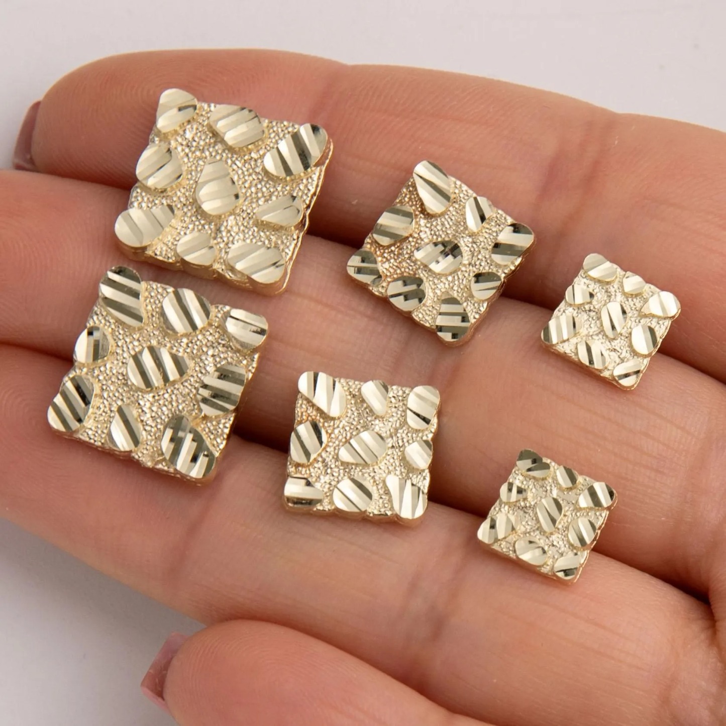 Gold Plated Diamond-Cut Square Nugget Stud Earrings