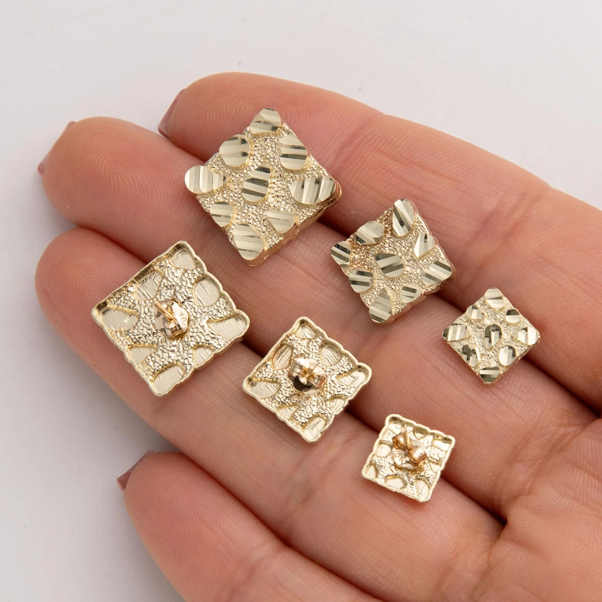 Gold Plated Diamond-Cut Square Nugget Stud Earrings
