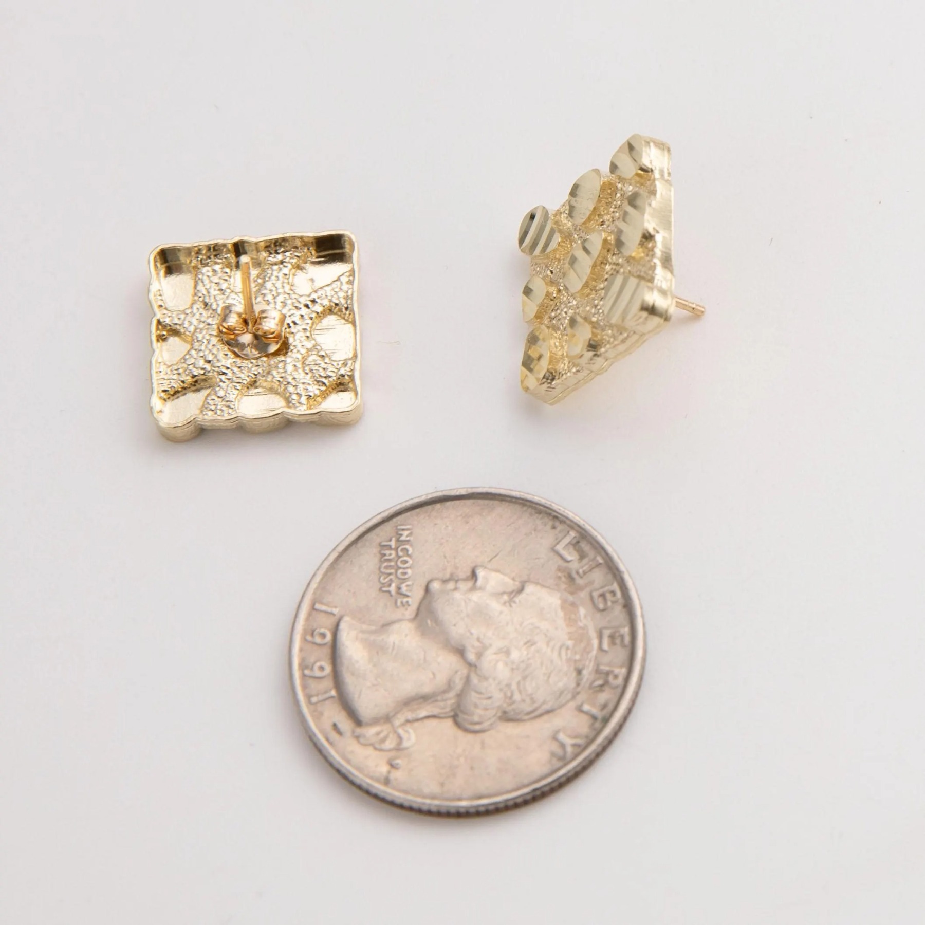 Gold Plated Diamond-Cut Square Nugget Stud Earrings