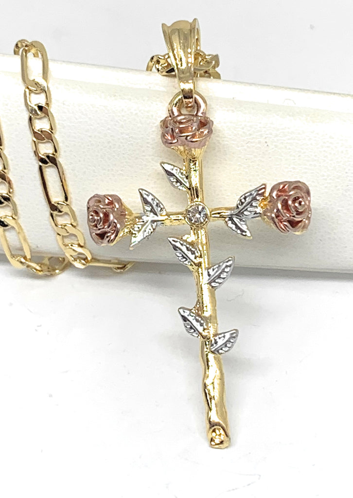 Tri-Color Rose Cross Pendant Necklace Christian Jewelry