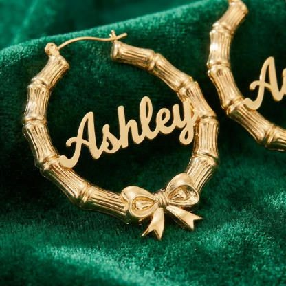 Custom Personalized Bowtie Ribbon Bamboo Earrings with Nameplate