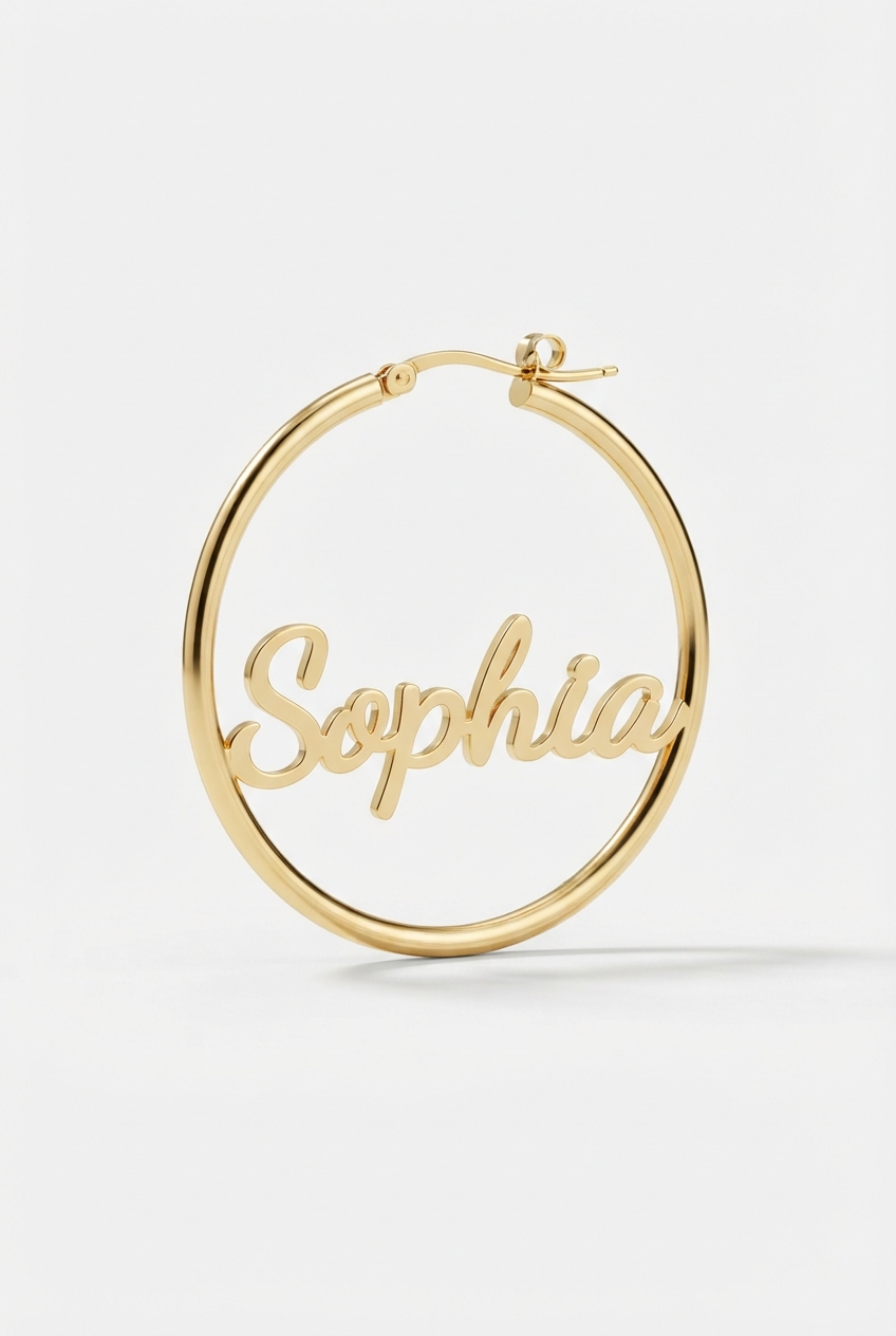 Custom name hoop earrings on off-white background
