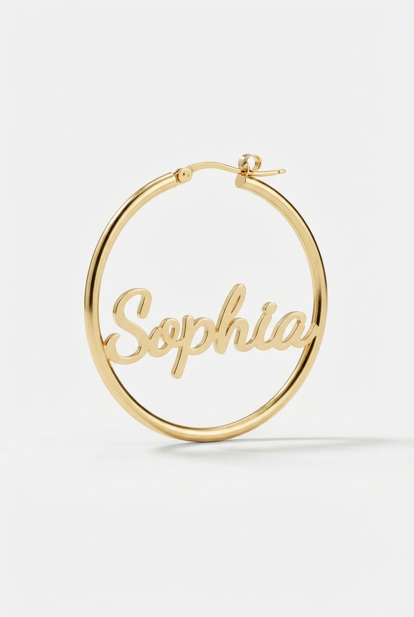 Custom name hoop earrings on off-white background