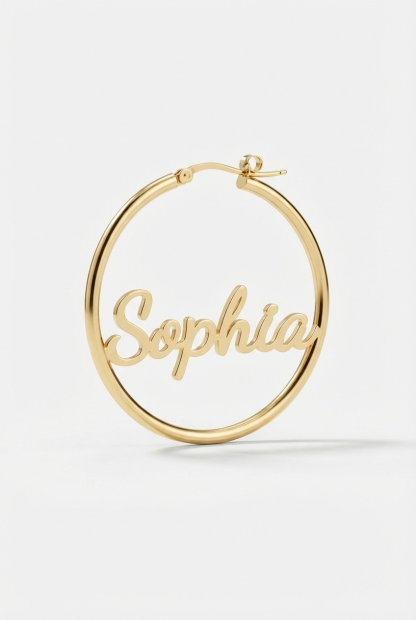 Custom name hoop earrings on off-white background