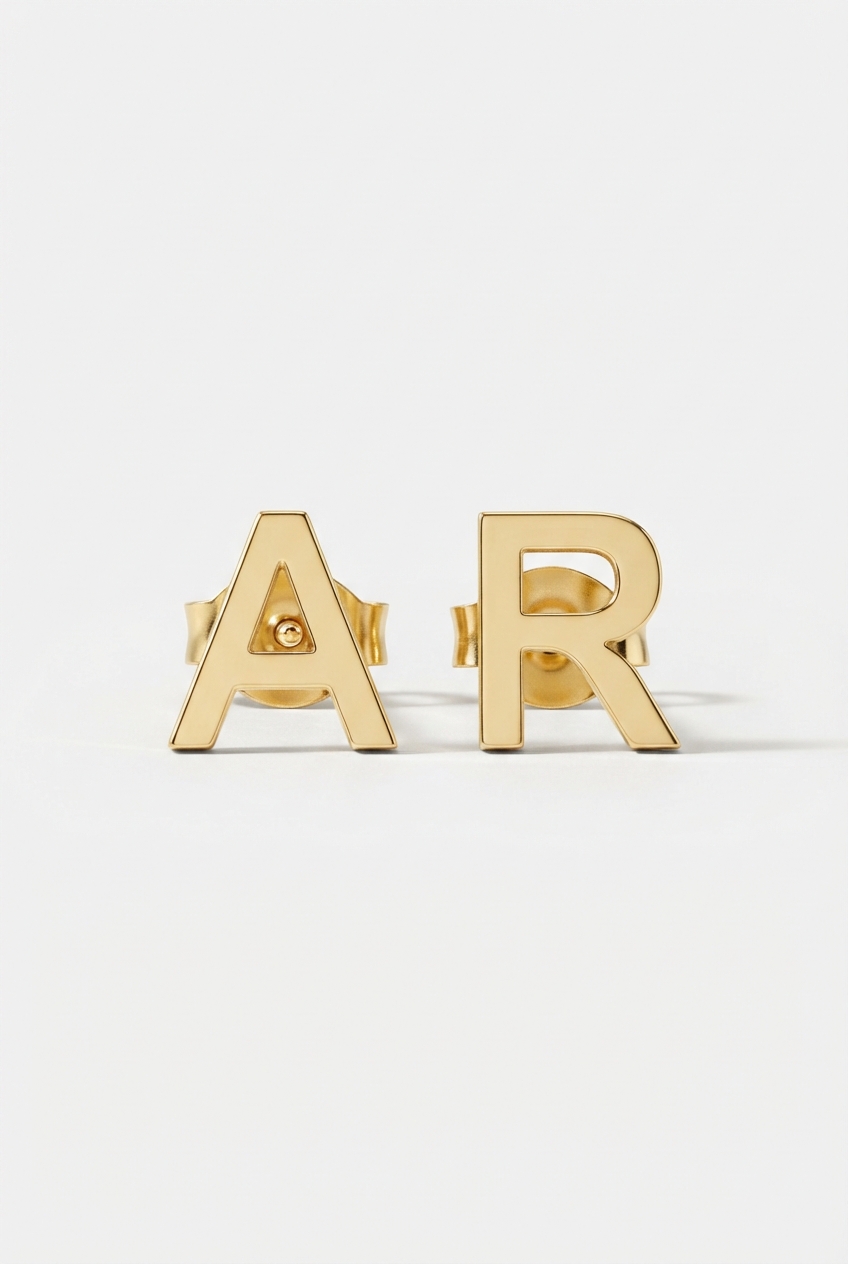 Initial stud earrings on off-white background