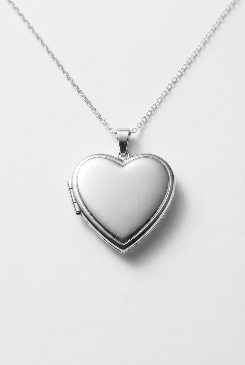 Heart photo locket necklace on off-white background