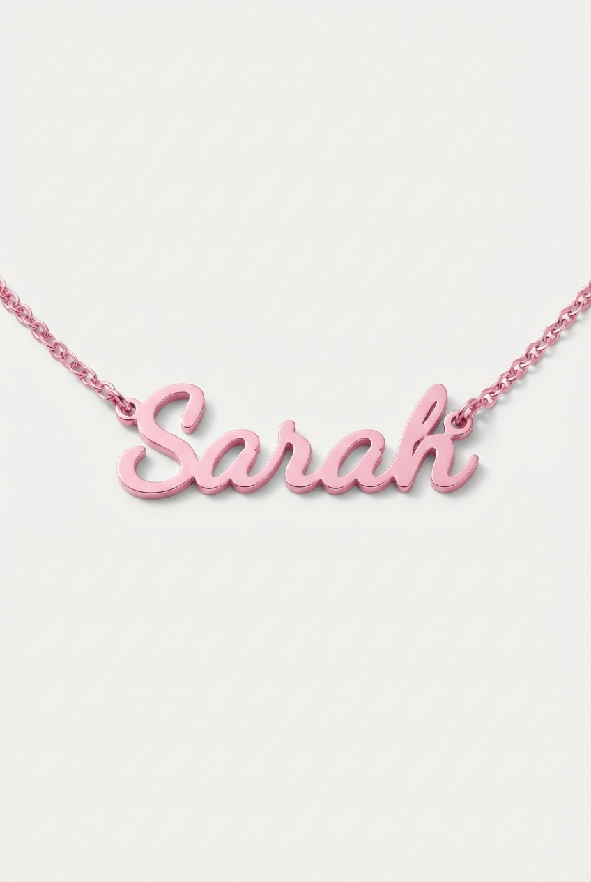 Pink personalized script name necklace on off-white background