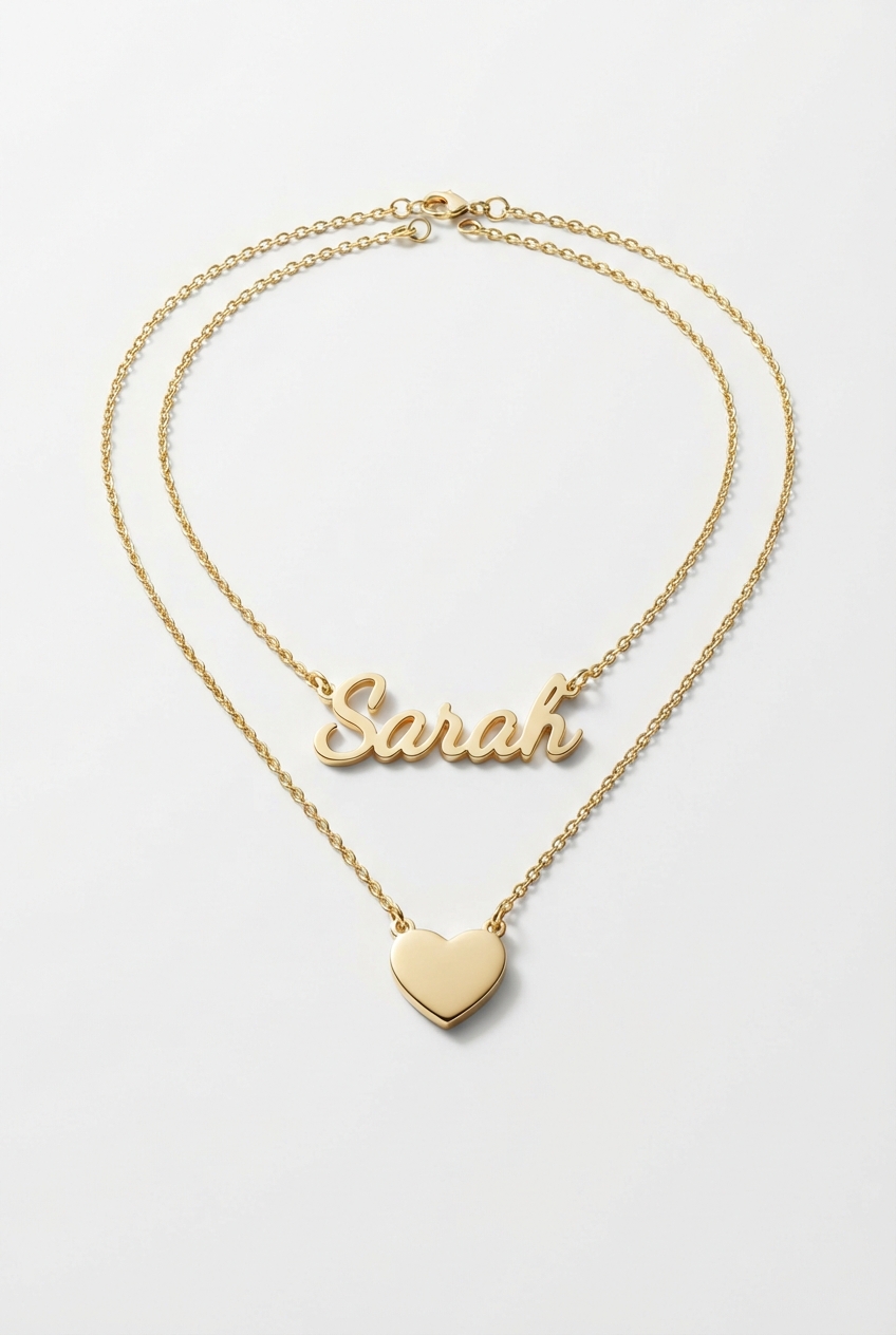 Layered name and heart necklace set on off-white background