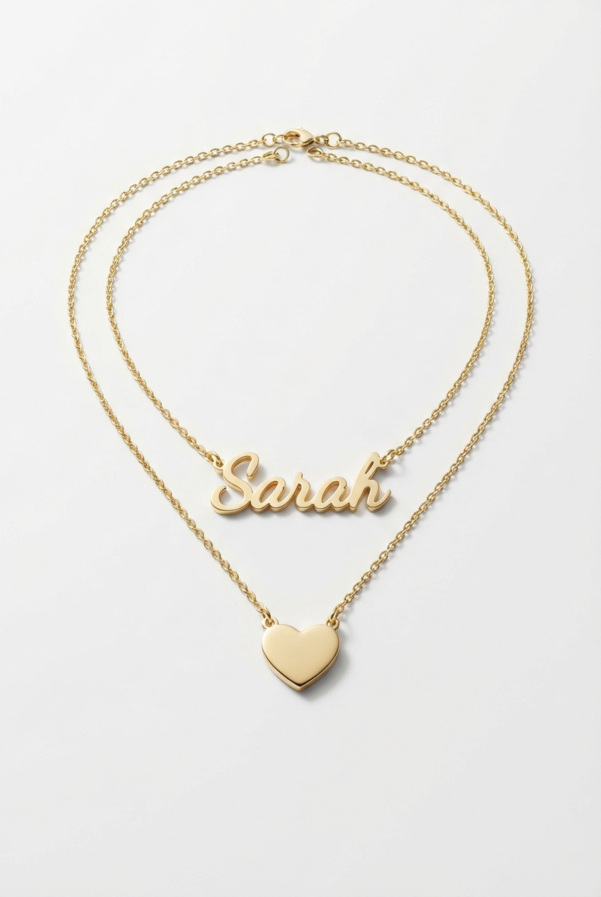 Layered name and heart necklace set on off-white background